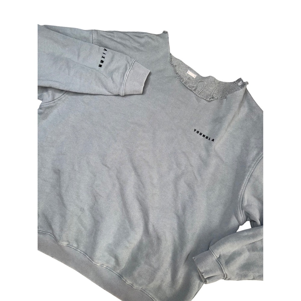 YoungLA Sweatshirt Women Large Blue Gray Good Distressed Raw Neck‎ 525 MMXIV